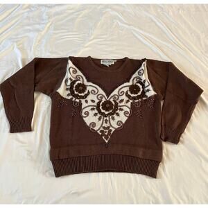 Vtg 90s Brown Beaded Knit Pullover Sweater Wmns M Cottagecore Grannycore